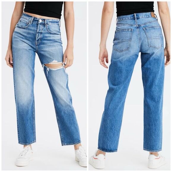American Eagle 90’s Boyfriend high waisted Distressed Straight Leg Jeans Size 10 - Picture 1 of 13